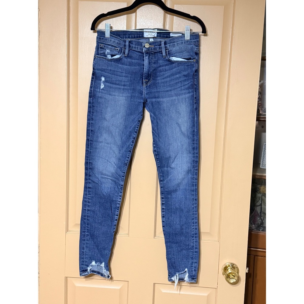 Frame‎ Denim Le Skinny de Jeanne Distressed Blue Jeans Frayed Hem Size 28